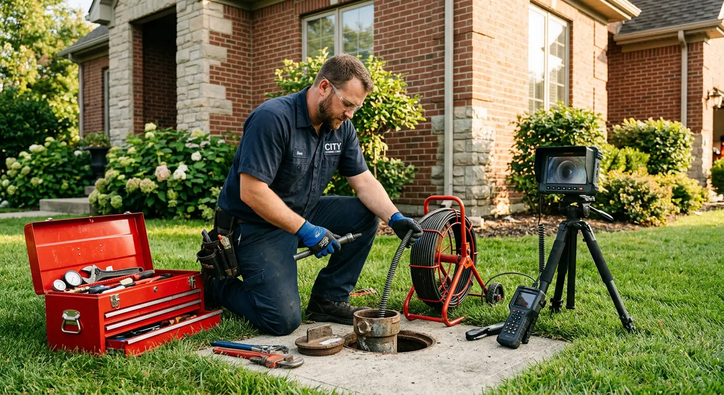 Sewer specialist with camera equipment servicing a cleanout in Oxford