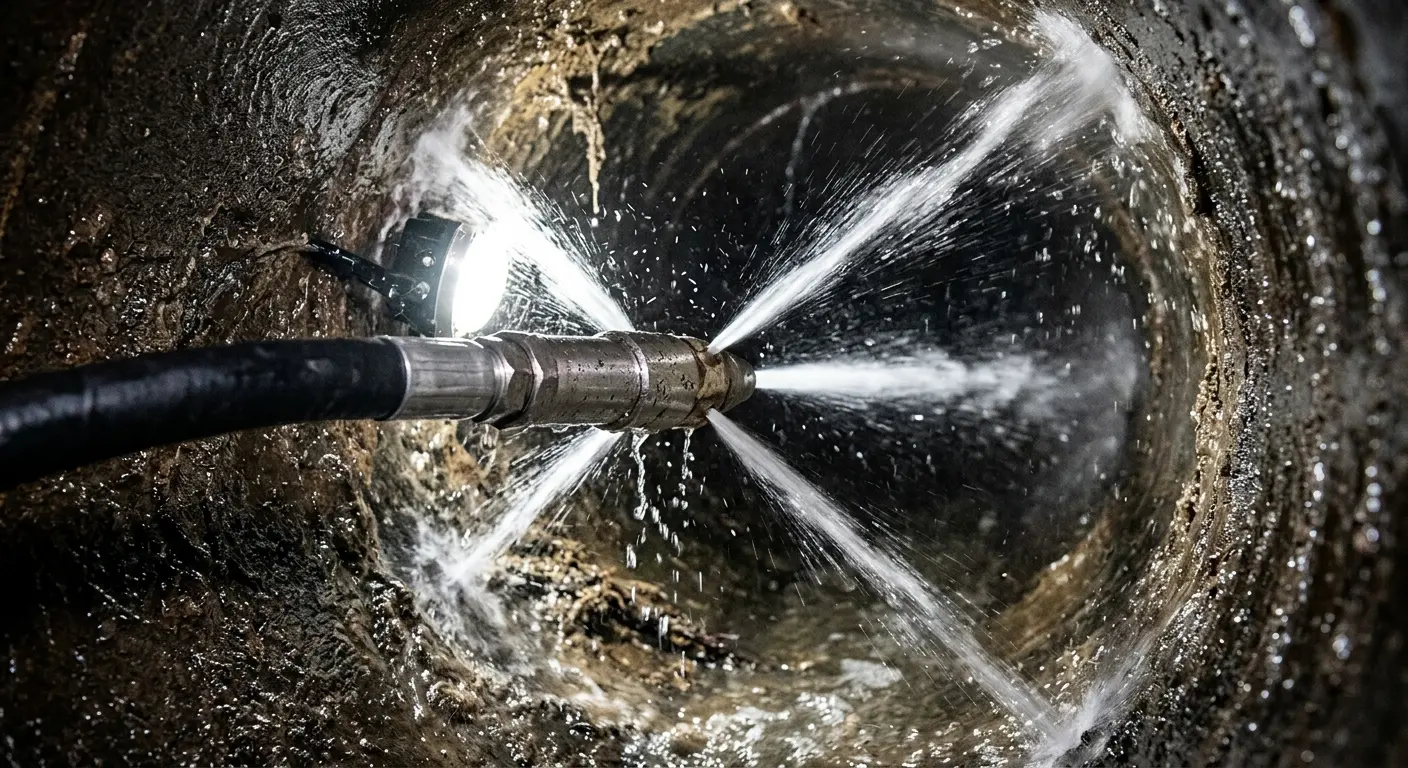 High-pressure hydro jetting nozzle cleaning sewer pipe for Trenchless Sewer Repair in Oxford