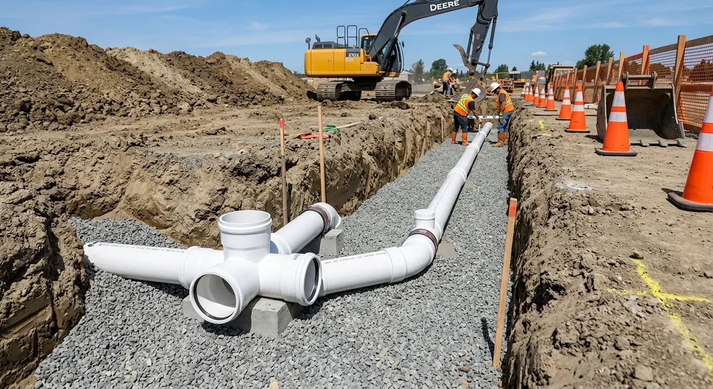 New PVC sewer pipe installation in open trench for Sewer Backup in Oxford